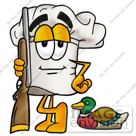 #23284 Clip Art Graphic of a White Chefs Hat Cartoon Character Duck Hunting, Standing With a Rifle and Duck by toons4biz