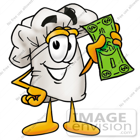 #23285 Clip Art Graphic of a White Chefs Hat Cartoon Character Holding a Dollar Bill by toons4biz