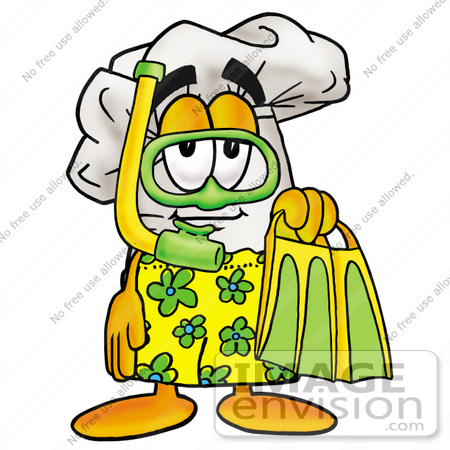 #23288 Clip Art Graphic of a White Chefs Hat Cartoon Character in Green and Yellow Snorkel Gear by toons4biz