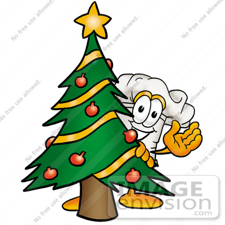 #23290 Clip Art Graphic of a White Chefs Hat Cartoon Character Waving and Standing by a Decorated Christmas Tree by toons4biz