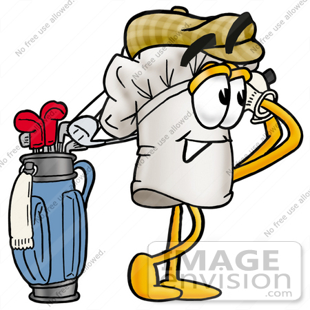 #23292 Clip Art Graphic of a White Chefs Hat Cartoon Character Swinging His Golf Club While Golfing by toons4biz