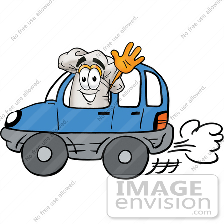 #23295 Clip Art Graphic of a White Chefs Hat Cartoon Character Driving a Blue Car and Waving by toons4biz
