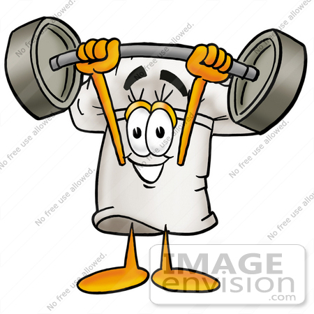 #23297 Clip Art Graphic of a White Chefs Hat Cartoon Character Holding a Heavy Barbell Above His Head by toons4biz