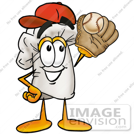 #23300 Clip Art Graphic of a White Chefs Hat Cartoon Character Catching a Baseball With a Glove by toons4biz