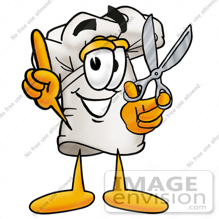 #23303 Clip Art Graphic of a White Chefs Hat Cartoon Character Holding a Pair of Scissors by toons4biz