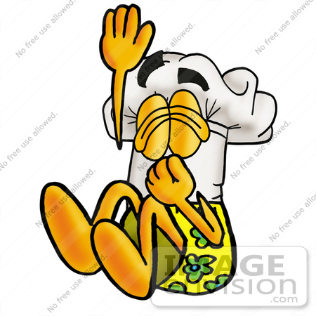 #23306 Clip Art Graphic of a White Chefs Hat Cartoon Character Plugging His Nose While Jumping Into Water by toons4biz
