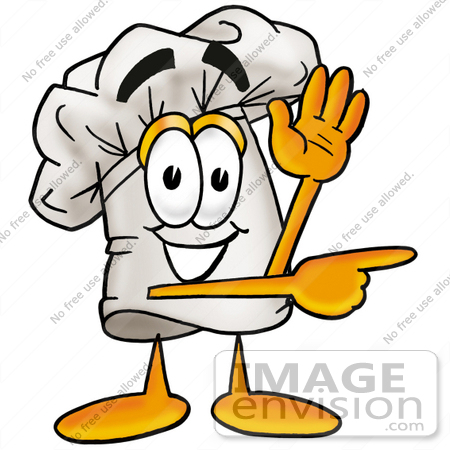 #23313 Clip Art Graphic of a White Chefs Hat Cartoon Character Waving and Pointing by toons4biz