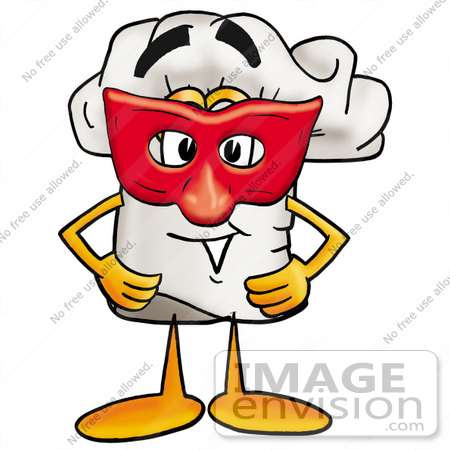 #23315 Clip Art Graphic of a White Chefs Hat Cartoon Character Wearing a Red Mask Over His Face by toons4biz