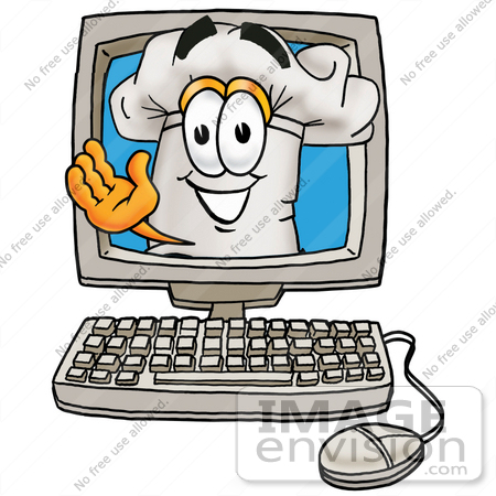 #23317 Clip Art Graphic of a White Chefs Hat Cartoon Character Waving From Inside a Computer Screen by toons4biz