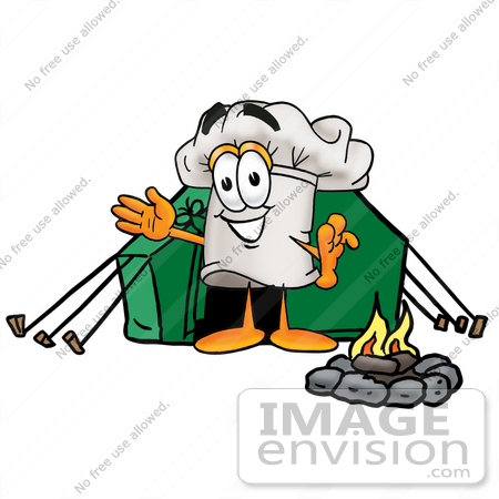 #23331 Clip Art Graphic of a White Chefs Hat Cartoon Character Camping With a Tent and Fire by toons4biz