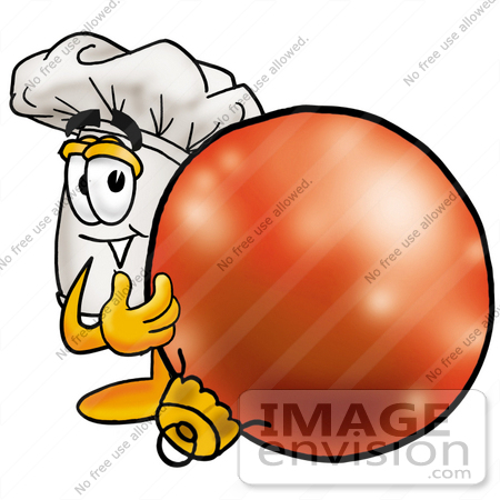 #23339 Clip Art Graphic of a White Chefs Hat Cartoon Character Standing With a Christmas Bauble by toons4biz