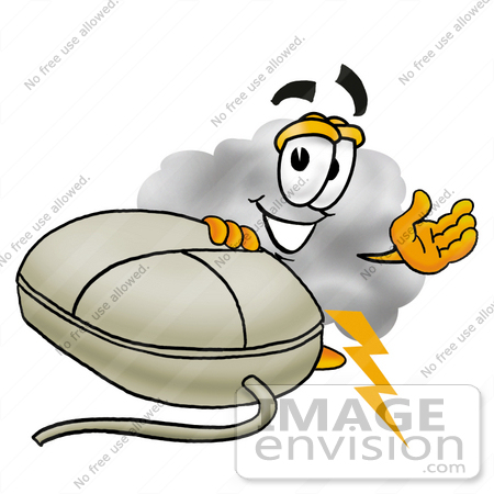 #23349 Clip Art Graphic of a Puffy White Cumulus Cloud Cartoon Character With a Computer Mouse by toons4biz