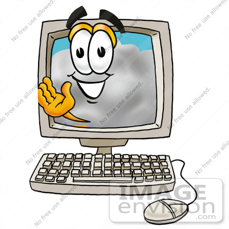 #23358 Clip Art Graphic of a Puffy White Cumulus Cloud Cartoon Character Waving From Inside a Computer Screen by toons4biz