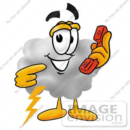 #23359 Clip Art Graphic of a Puffy White Cumulus Cloud Cartoon Character Holding a Telephone by toons4biz