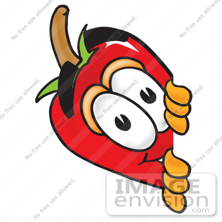#23392 Clip Art Graphic of a Red Chilli Pepper Cartoon Character Peeking Around a Corner by toons4biz