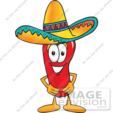 #23396 Clip Art Graphic of a Red Chilli Pepper Cartoon Character Wearing a Sombrero Hat by toons4biz