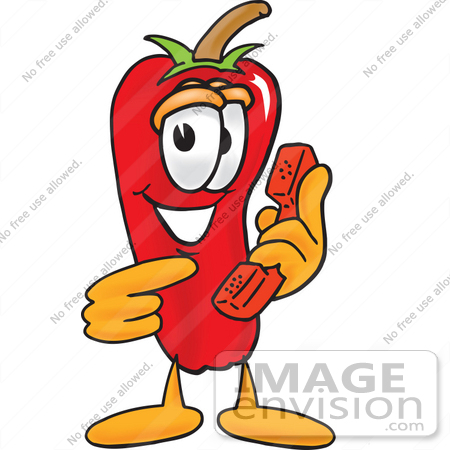 #23405 Clip Art Graphic of a Red Chilli Pepper Cartoon Character Holding a Telephone by toons4biz