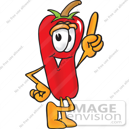 #23414 Clip Art Graphic of a Red Chilli Pepper Cartoon Character Pointing Upwards by toons4biz