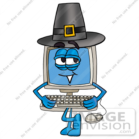 #23434 Clip Art Graphic of a Desktop Computer Cartoon Character Wearing a Pilgrim Hat on Thanksgiving by toons4biz