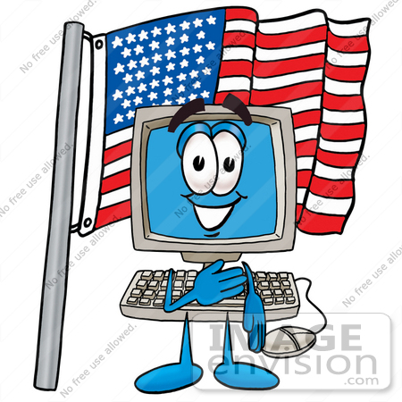 #23436 Clip Art Graphic of a Desktop Computer Cartoon Character Pledging Allegiance to an American Flag by toons4biz