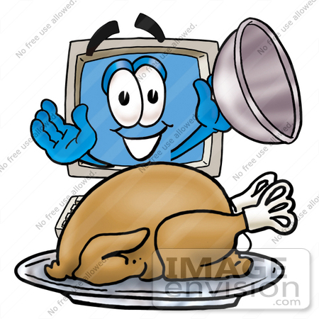 #23437 Clip Art Graphic of a Desktop Computer Cartoon Character Serving a Thanksgiving Turkey on a Platter by toons4biz
