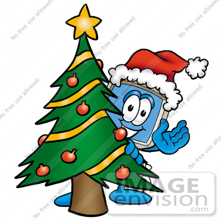 #23438 Clip Art Graphic of a Desktop Computer Cartoon Character Waving and Standing by a Decorated Christmas Tree by toons4biz