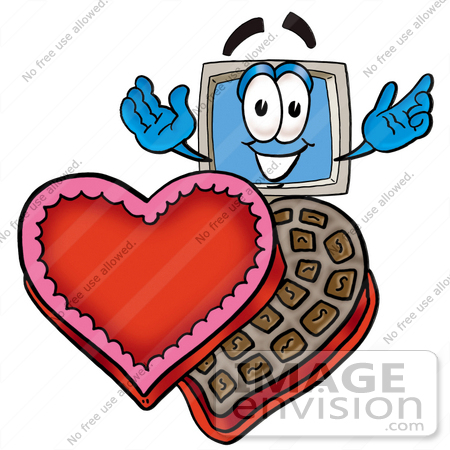 #23440 Clip Art Graphic of a Desktop Computer Cartoon Character With an Open Box of Valentines Day Chocolate Candies by toons4biz