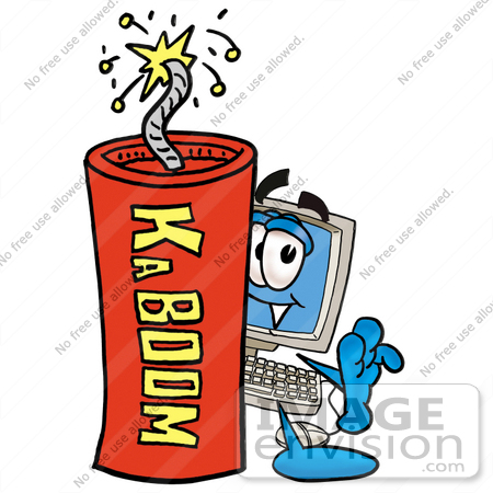#23444 Clip Art Graphic of a Desktop Computer Cartoon Character Standing With a Lit Stick of Dynamite by toons4biz