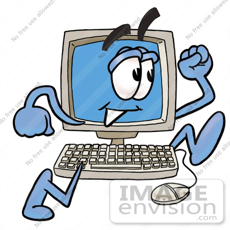 #23449 Clip Art Graphic of a Desktop Computer Cartoon Character Running by toons4biz