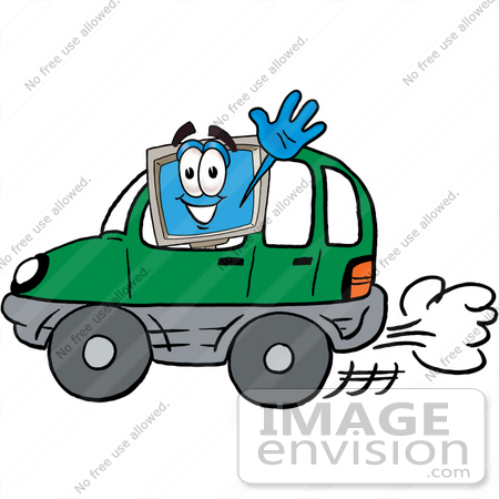 #23453 Clip Art Graphic of a Desktop Computer Cartoon Character Driving a Green Car and Waving by toons4biz