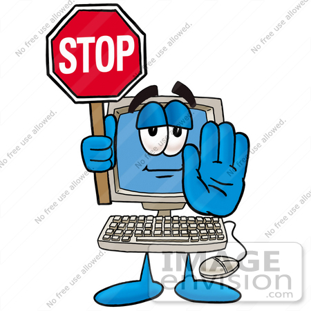#23458 Clip Art Graphic of a Desktop Computer Cartoon Character Holding a Stop Sign by toons4biz