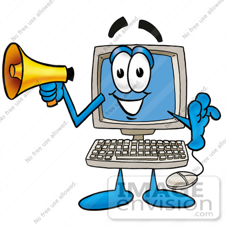 #23463 Clip Art Graphic of a Desktop Computer Cartoon Character Holding a Megaphone by toons4biz