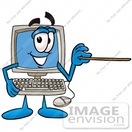 #23465 Clip Art Graphic of a Desktop Computer Cartoon Character Holding a Pointer Stick by toons4biz
