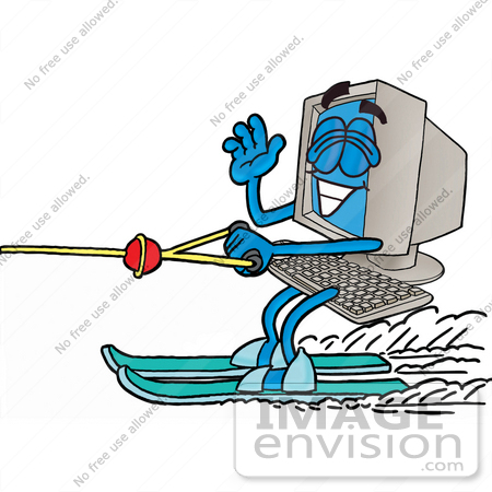 #23466 Clip Art Graphic of a Desktop Computer Cartoon Character Waving While Water Skiing by toons4biz