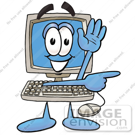 #23467 Clip Art Graphic of a Desktop Computer Cartoon Character Waving and Pointing by toons4biz