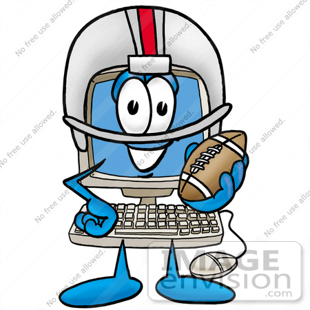 #23469 Clip Art Graphic of a Desktop Computer Cartoon Character in a Helmet, Holding a Football by toons4biz