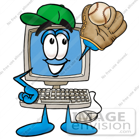 #23474 Clip Art Graphic of a Desktop Computer Cartoon Character Catching a Baseball With a Glove by toons4biz