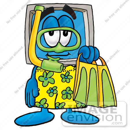 #23475 Clip Art Graphic of a Desktop Computer Cartoon Character in Green and Yellow Snorkel Gear by toons4biz