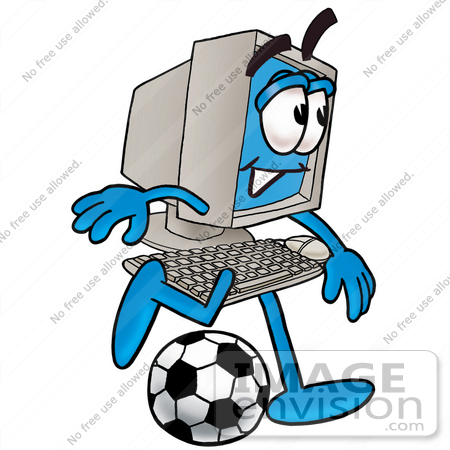 #23477 Clip Art Graphic of a Desktop Computer Cartoon Character Kicking a Soccer Ball by toons4biz