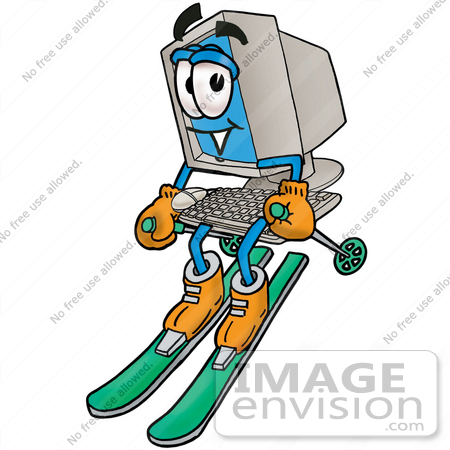 #23487 Clip Art Graphic of a Desktop Computer Cartoon Character Skiing Downhill by toons4biz