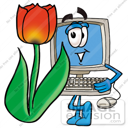 #23488 Clip Art Graphic of a Desktop Computer Cartoon Character With a Red Tulip Flower in the Spring by toons4biz