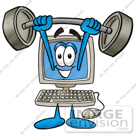 #23494 Clip Art Graphic of a Desktop Computer Cartoon Character Holding a Heavy Barbell Above His Head by toons4biz