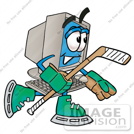 #23499 Clip Art Graphic of a Desktop Computer Cartoon Character Playing Ice Hockey by toons4biz