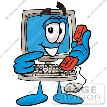 #23501 Clip Art Graphic of a Desktop Computer Cartoon Character Holding a Telephone by toons4biz