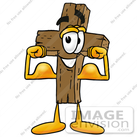 #23502 Clip Art Graphic of a Wooden Cross Cartoon Character Flexing His Arm Muscles by toons4biz
