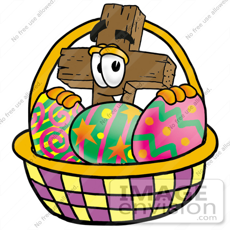 #23503 Clip Art Graphic of a Wooden Cross Cartoon Character in an Easter Basket Full of Decorated Easter Eggs by toons4biz