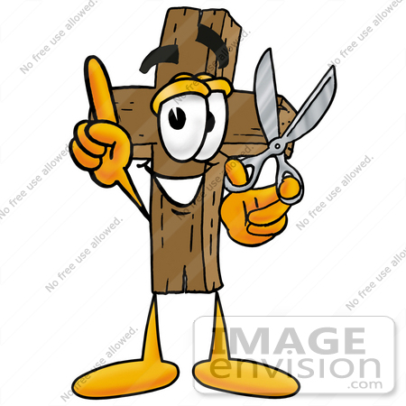 #23505 Clip Art Graphic of a Wooden Cross Cartoon Character Holding a Pair of Scissors by toons4biz