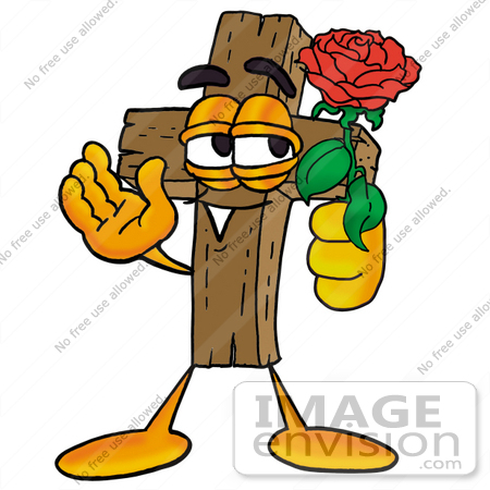 #23510 Clip Art Graphic of a Wooden Cross Cartoon Character Holding a Red Rose on Valentines Day by toons4biz