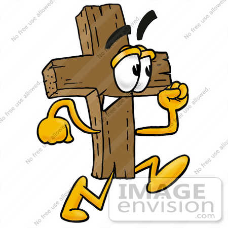 #23512 Clip Art Graphic of a Wooden Cross Cartoon Character Running by toons4biz