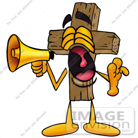 #23513 Clip Art Graphic of a Wooden Cross Cartoon Character Screaming Into a Megaphone by toons4biz